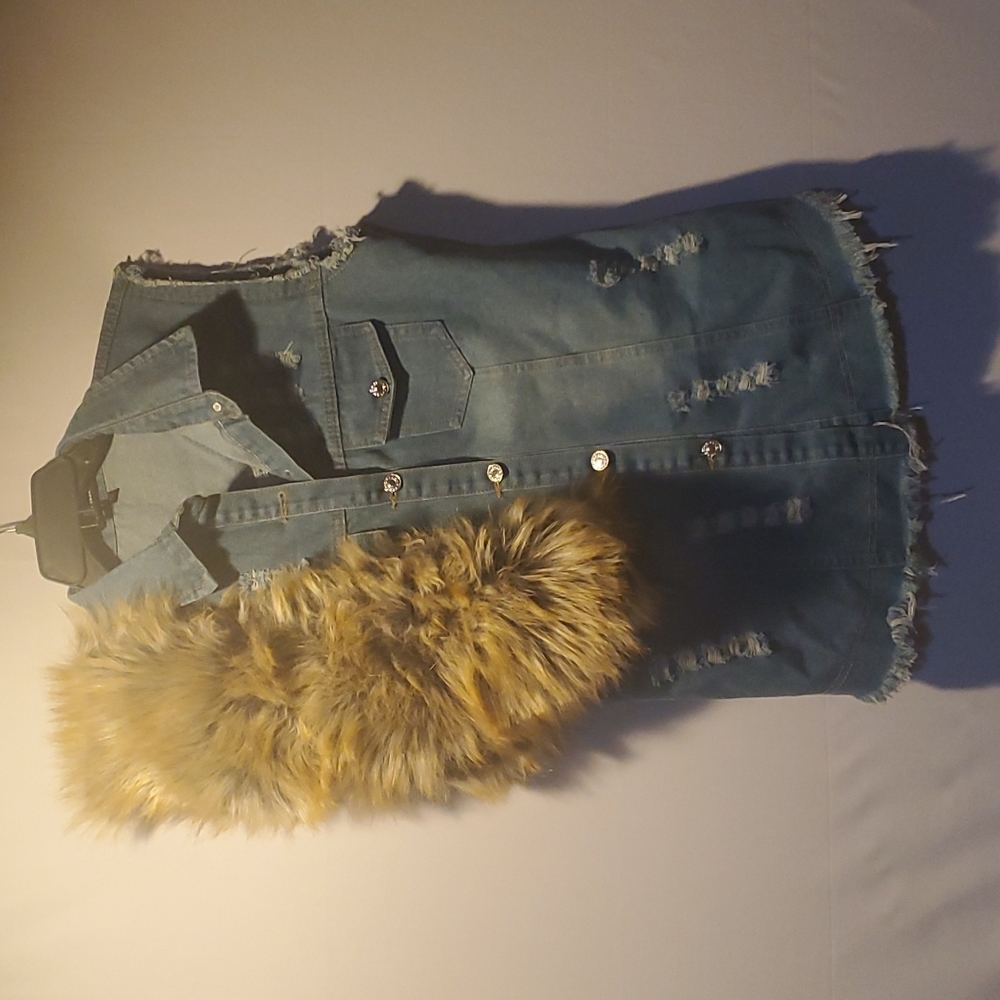 Distressed Blue jeans vest with detachable faux fur collar